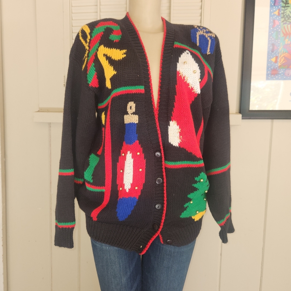Festive Black Cardigan with Holiday Motifs